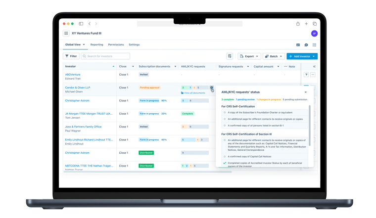 Display overview of required AML_KYC documents in the dashboard