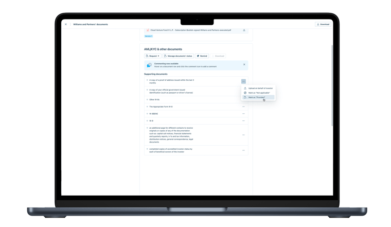 Mark AML_KYC & other documents as provided in the subscription details view