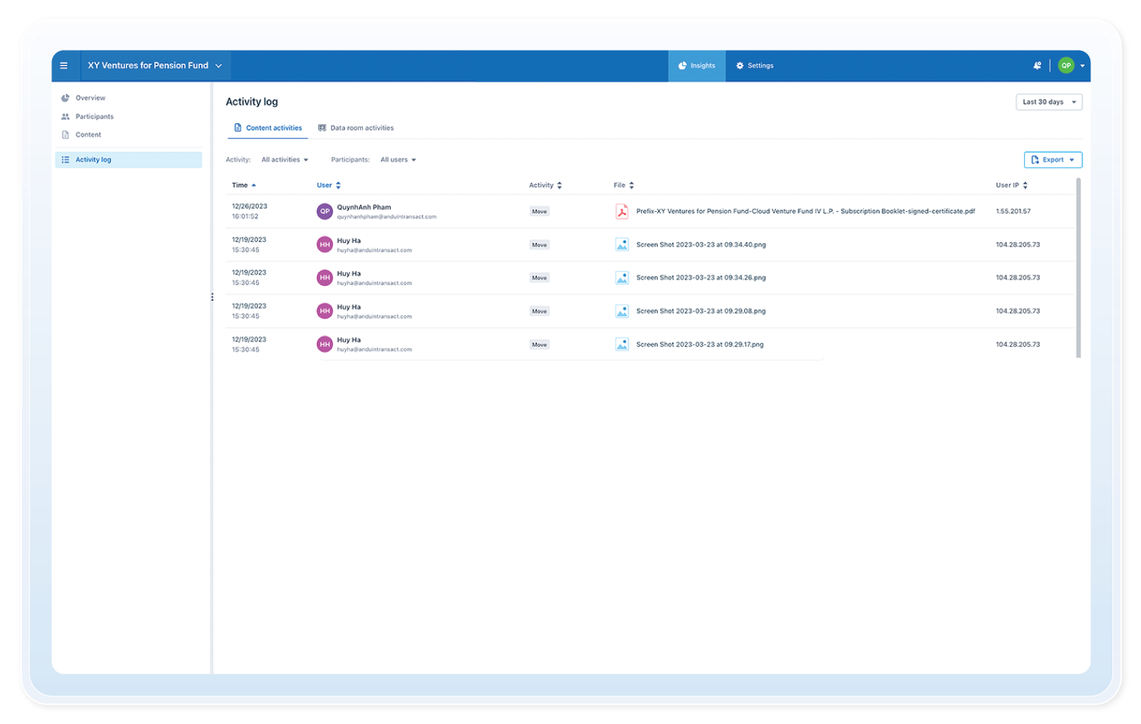 Data Room move action activity log